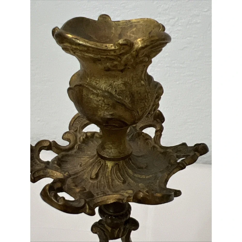 Antique Rococo Gilt Copper Bronze Floral Ornate Scrolled Candlestick Marble‎